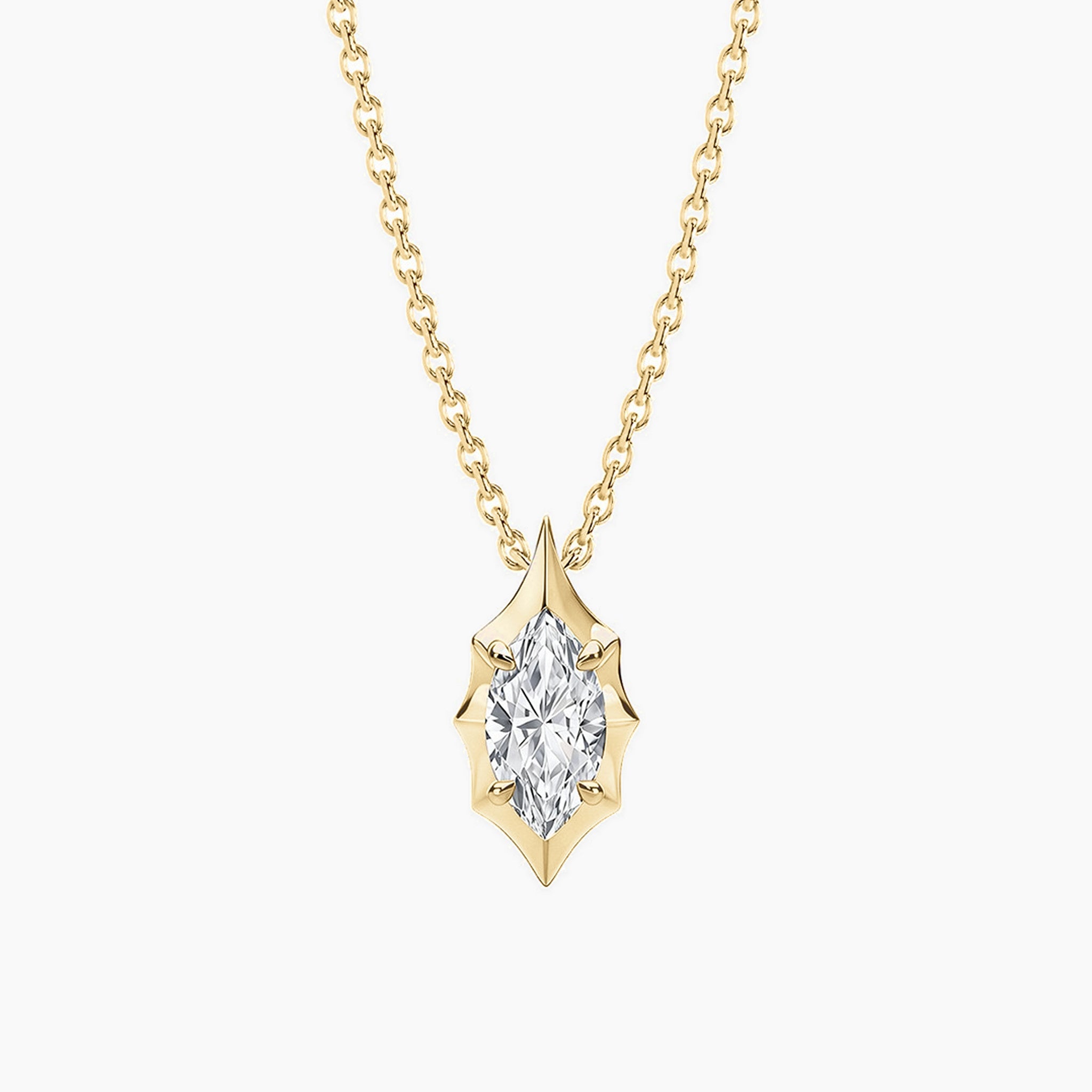Marquise-cut moissanite pendant necklace in 18k yellow gold vermeil, front view.