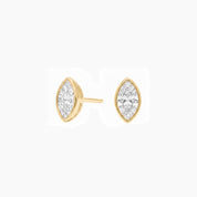 Marquise-cut moissanite bezel stud earrings in yellow gold vermeil, front and side views.