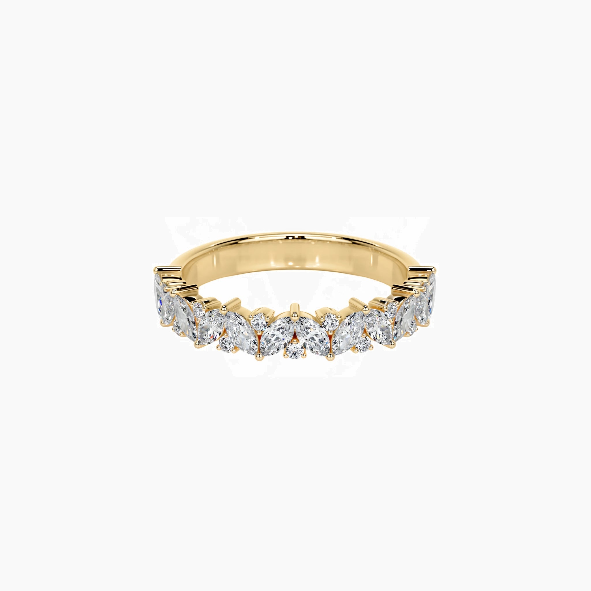 Marquise-cut moissanite diagonal cluster ring in yellow gold vermeil, angled view.