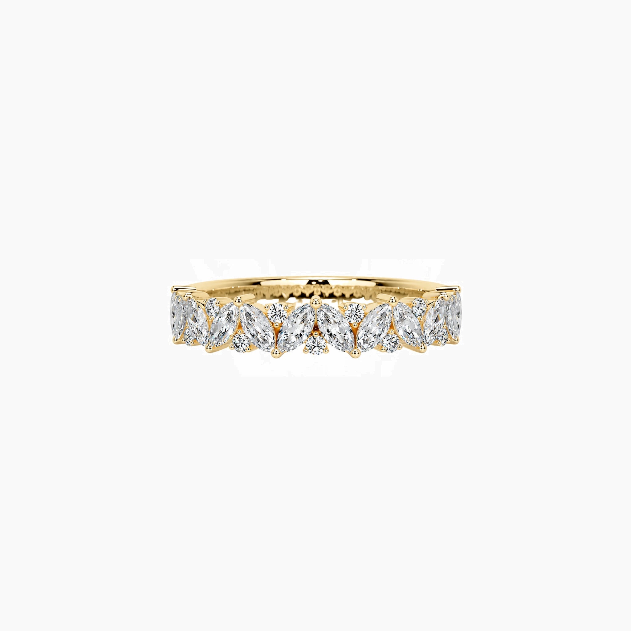Marquise-cut moissanite diagonal cluster ring in yellow gold vermeil, front view.