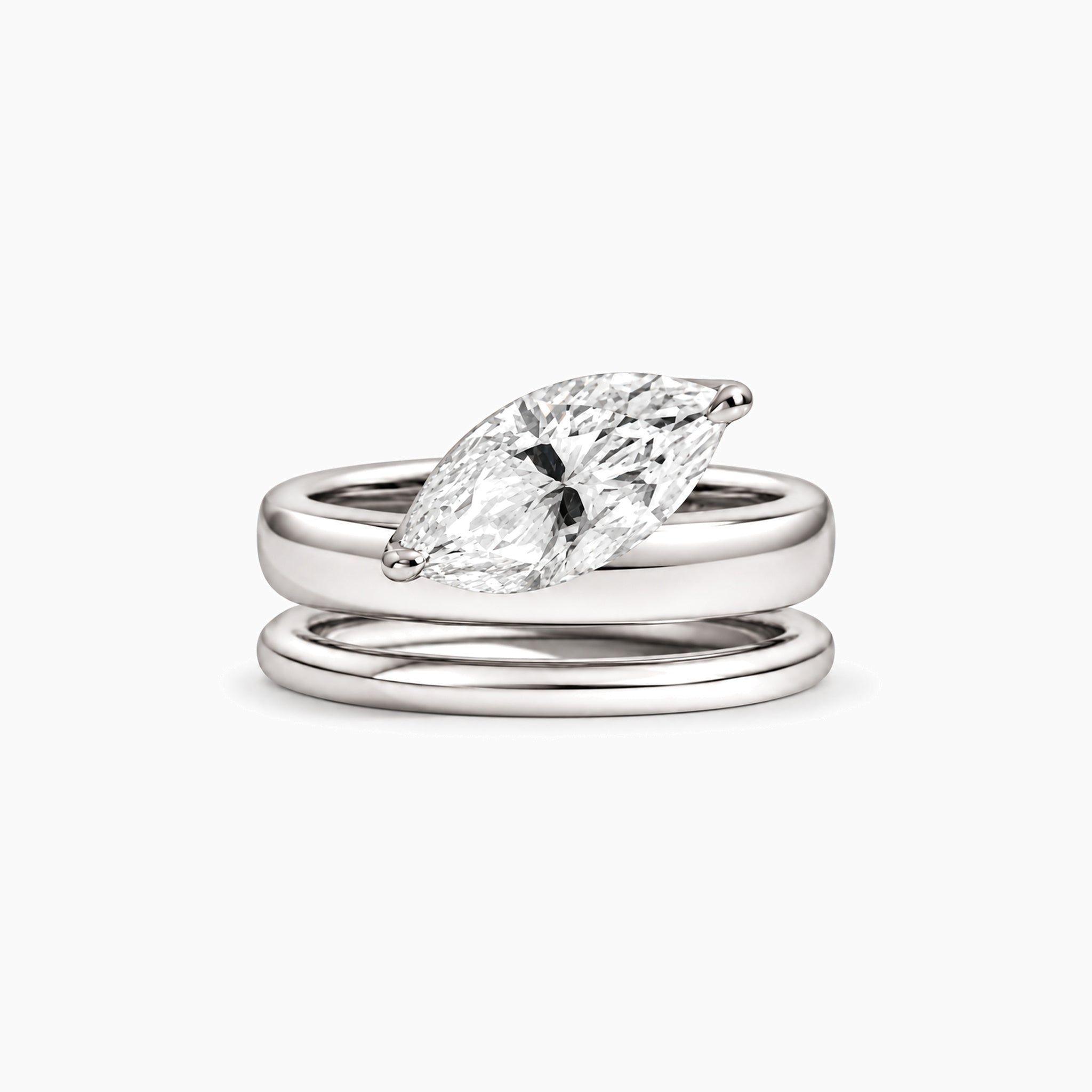 Marquise-cut moissanite double-band solitaire ring in white gold vermeil, front view.