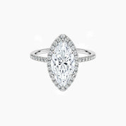 Marquise-cut moissanite halo ring with pavé band in white gold vermeil, front view.