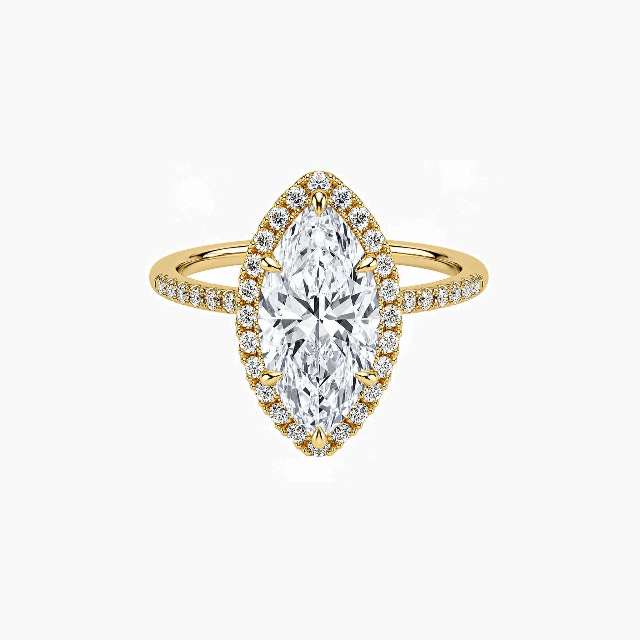 Marquise-cut moissanite halo ring with pavé band in yellow gold vermeil, front view.