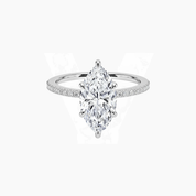 Marquise-cut moissanite hidden halo ring with pavé band in white gold vermeil, front view.