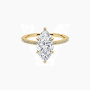 Marquise-cut moissanite hidden halo ring with pavé band in yellow gold vermeil, front view.
