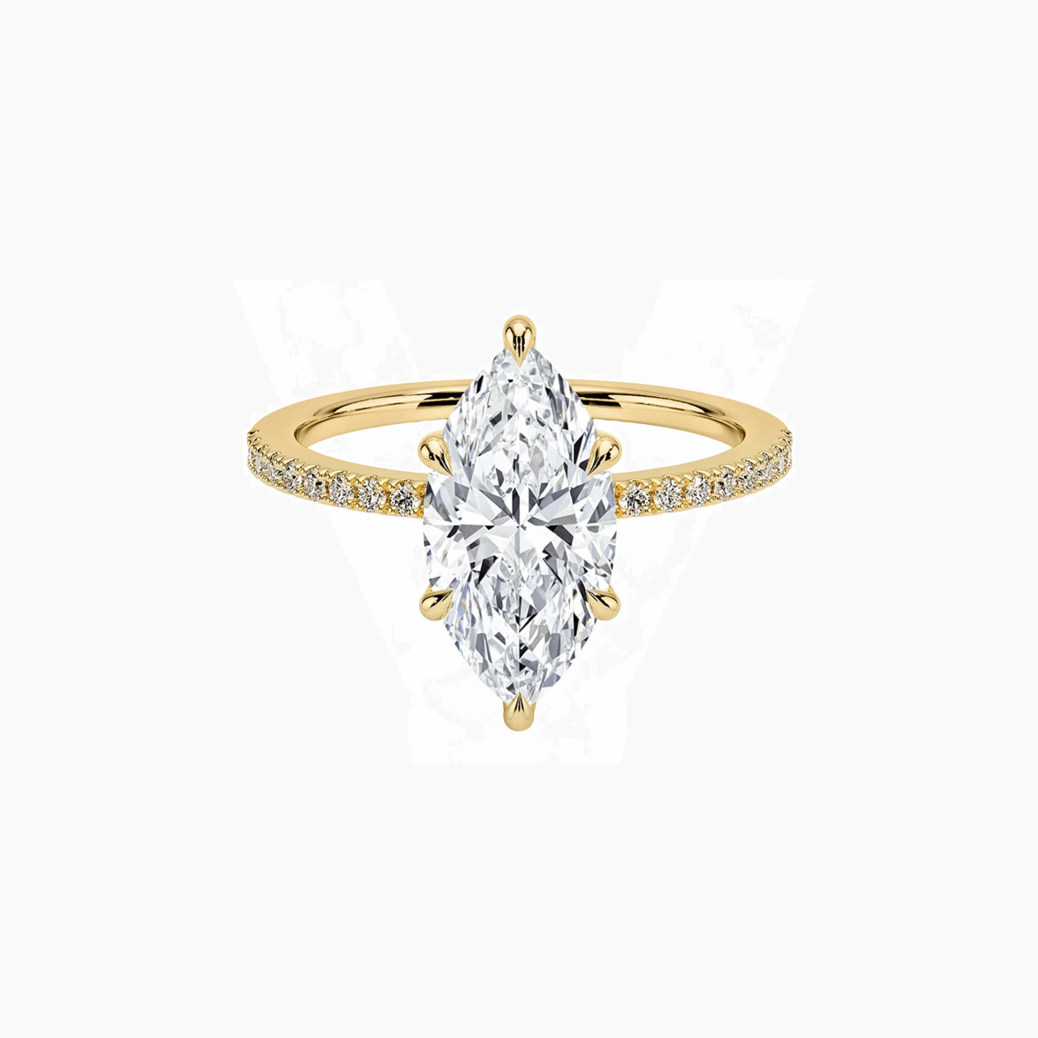 Marquise-cut moissanite hidden halo ring with pavé band in yellow gold vermeil, front view.