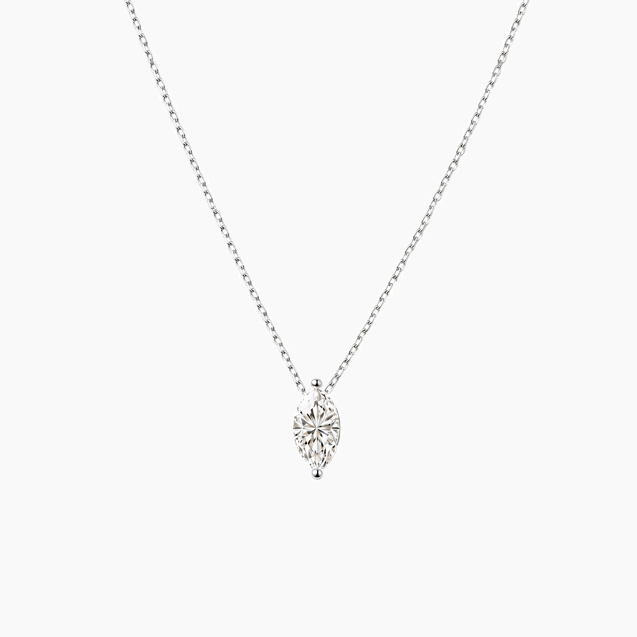 Marquise-cut moissanite pendant necklace in white gold vermeil, front view.