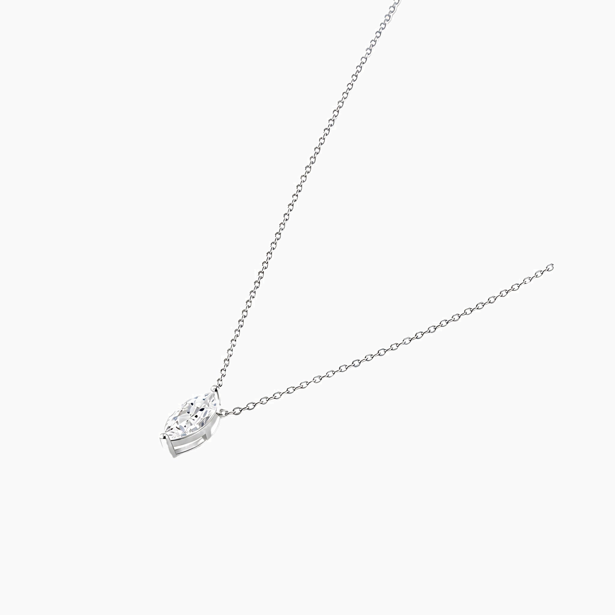 Marquise-cut moissanite pendant necklace in white gold vermeil, side view.