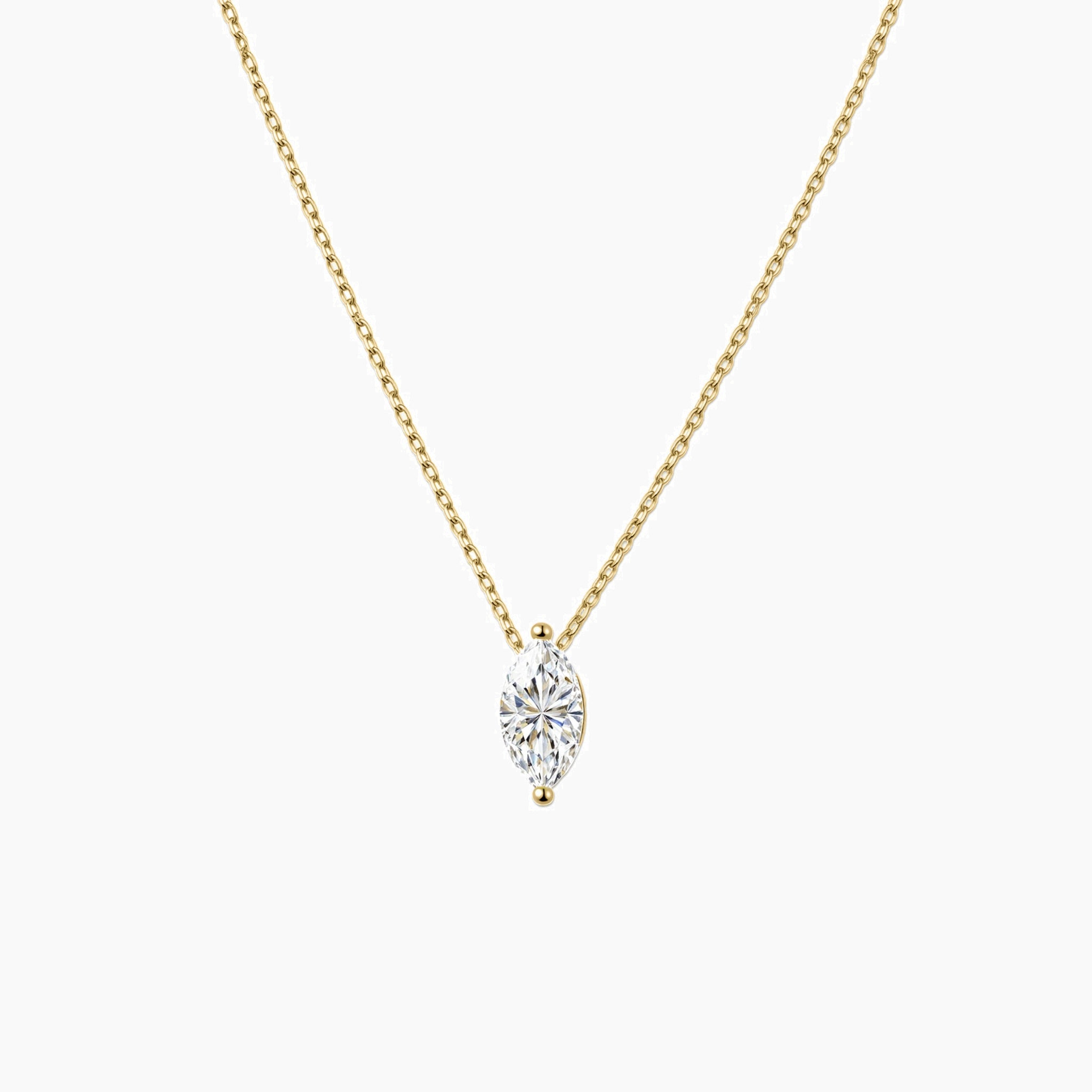 Marquise-cut moissanite pendant necklace in yellow gold vermeil, front view.