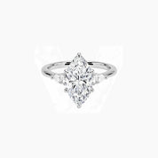 Marquise-cut moissanite three-stone ring in white gold vermeil, front view.