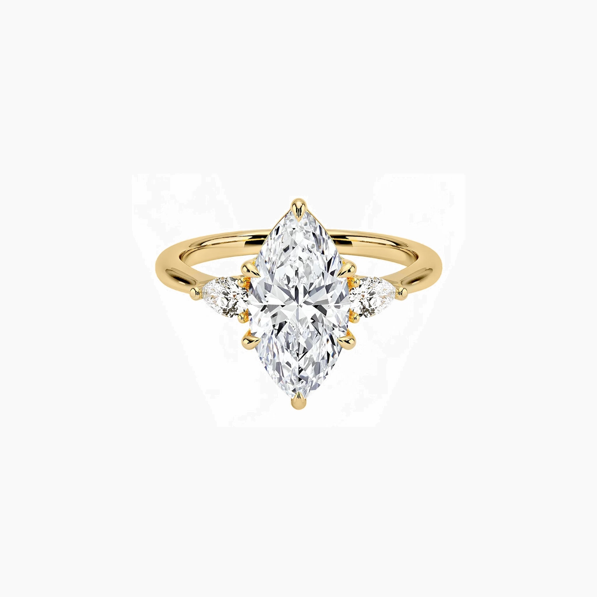Marquise-cut moissanite three-stone ring in yellow gold vermeil, front view.