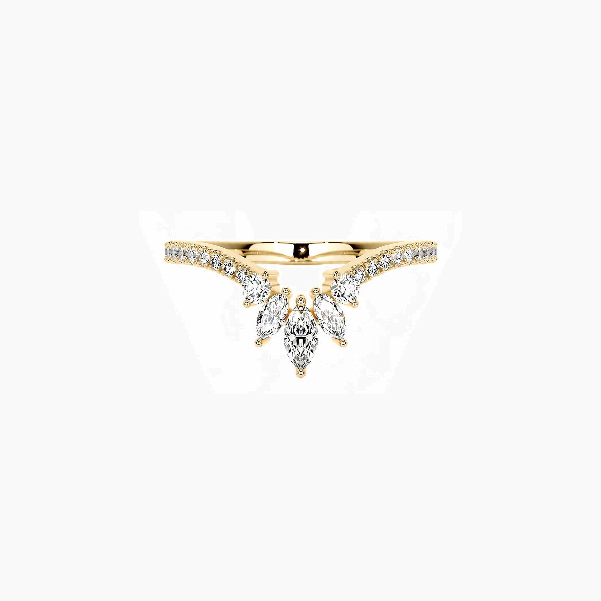 Marquise-cut moissanite trio ring in yellow gold vermeil, front view.