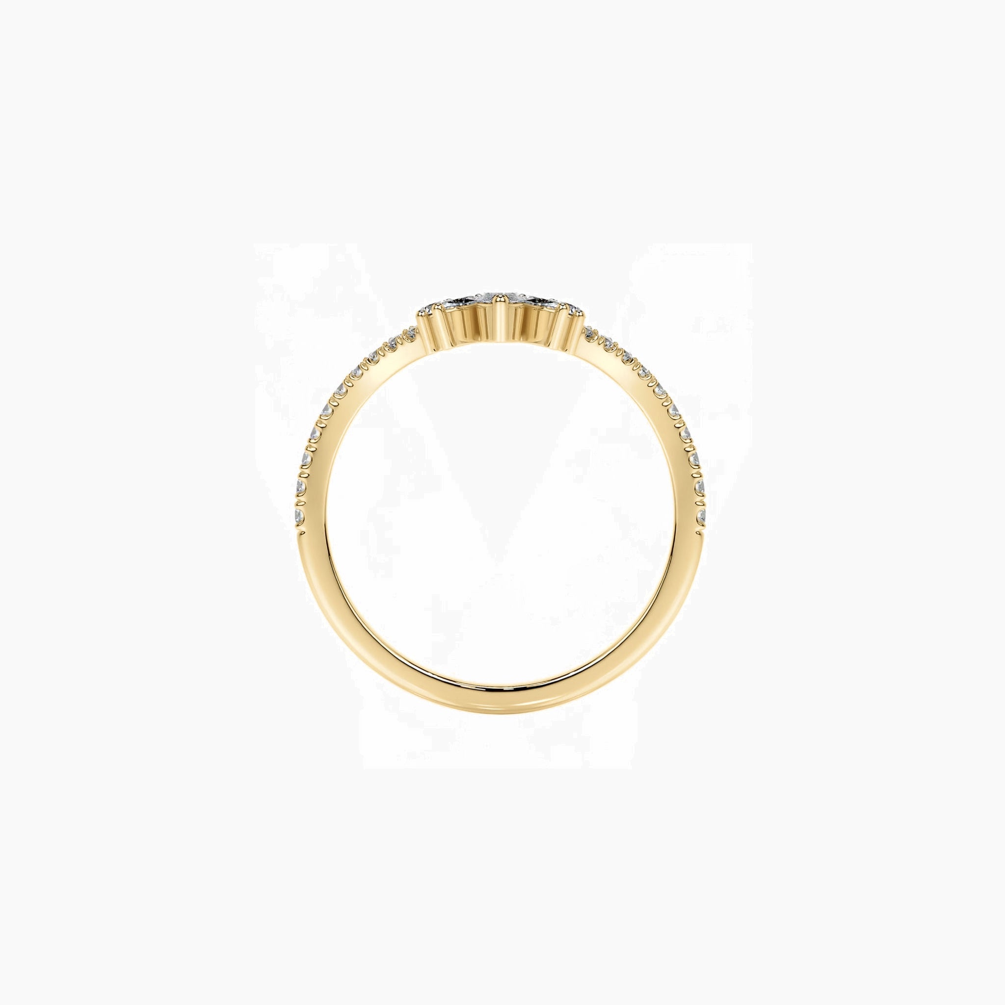 Marquise-cut moissanite trio ring in yellow gold vermeil, side and back views.