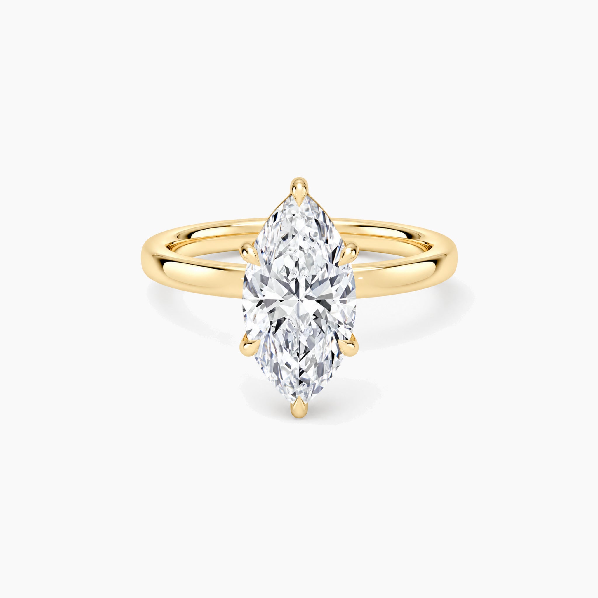 marquise-cut moissanite solitaire ring in yellow gold, 2 carat front view