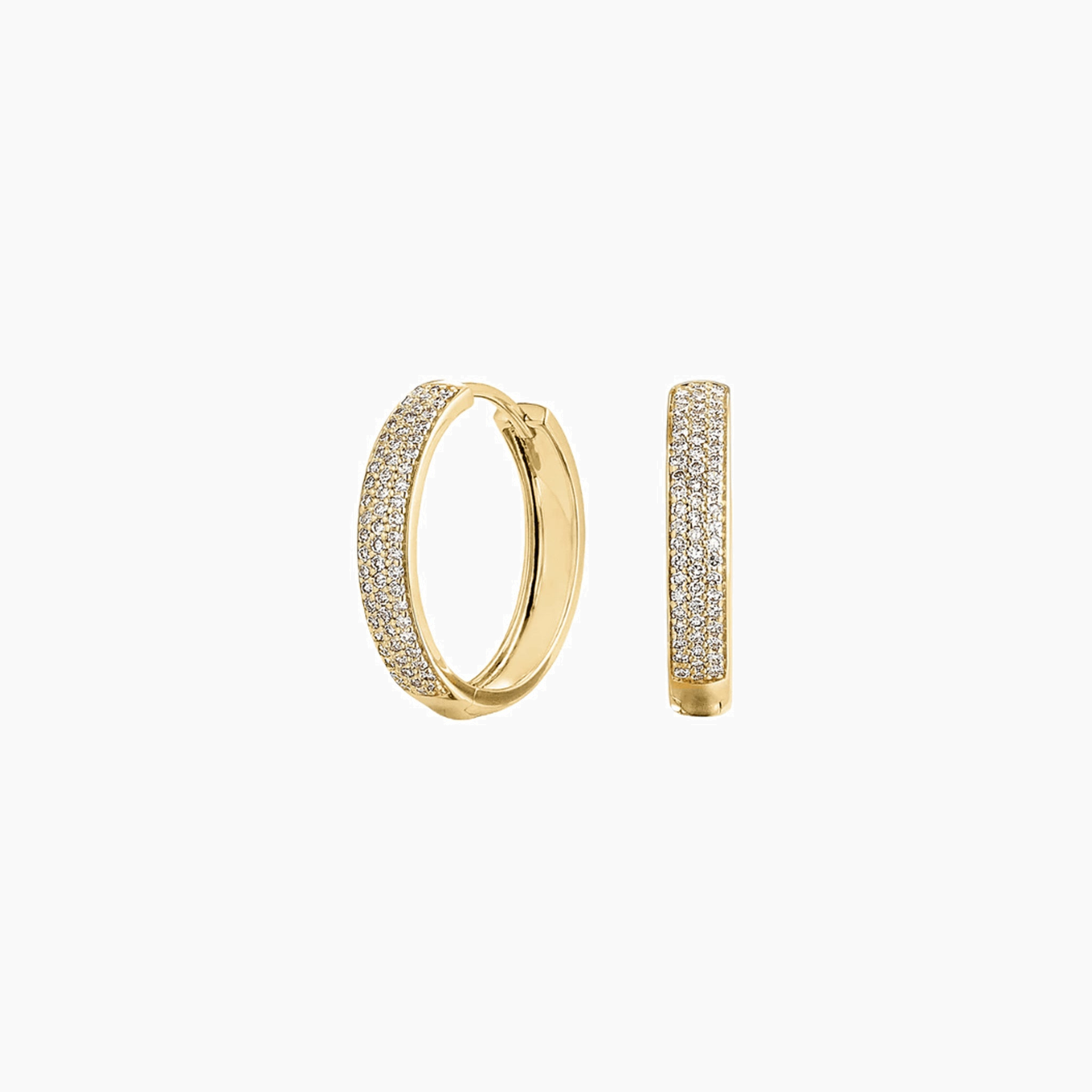 Medium bold pavé moissanite hoop earrings in yellow gold vermeil, front and side views.