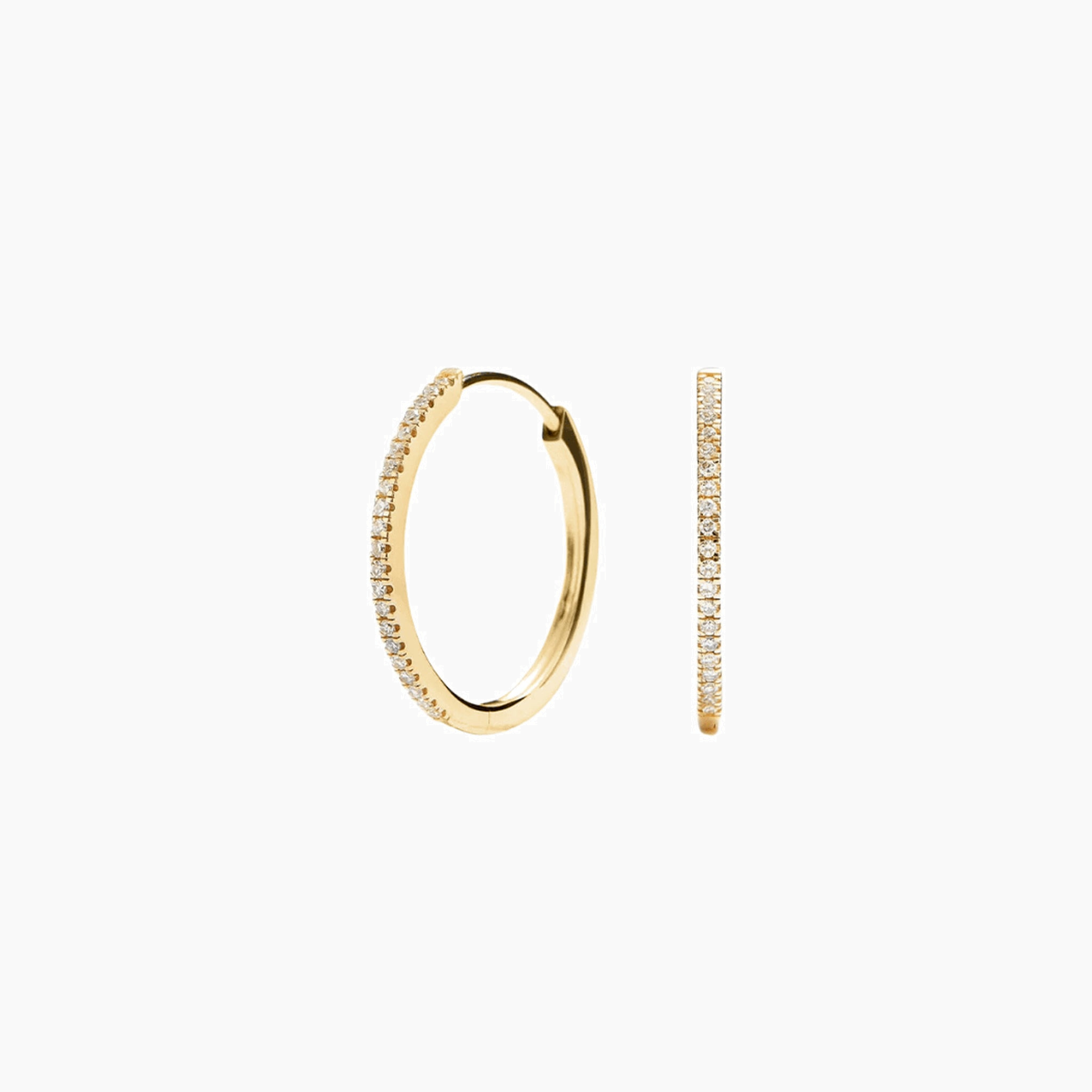 Medium pavé moissanite hoop earrings in yellow gold vermeil, front and side views.