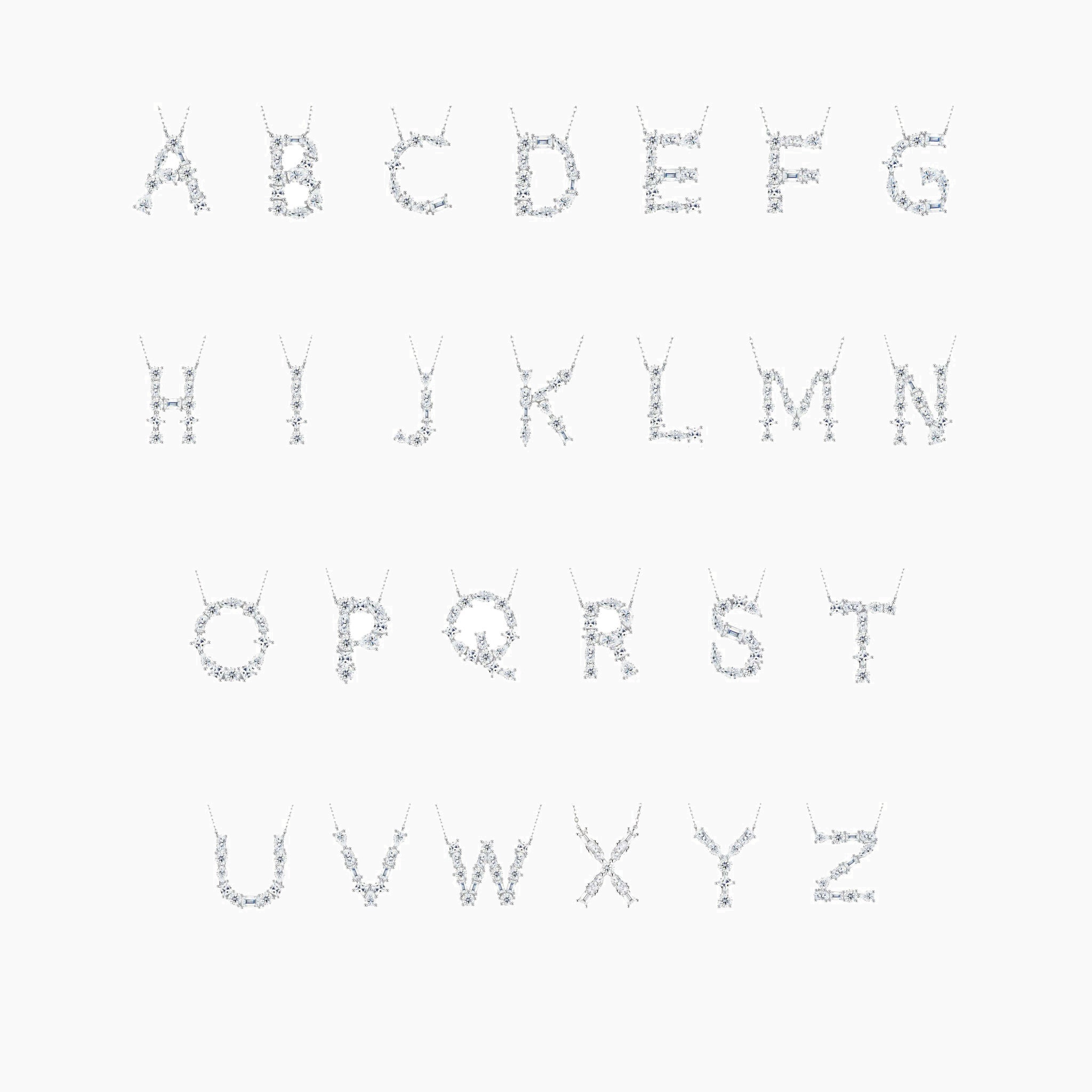 Mixed-shape moissanite initial necklace in white gold vermeil, alphabet pendant options.