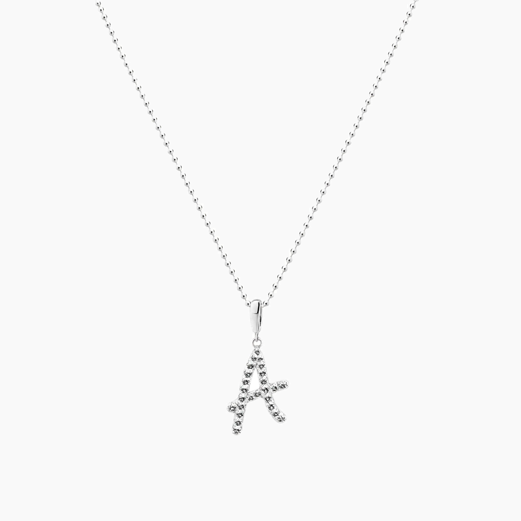 Moissanite abstract initial necklace in white gold vermeil, full product view.