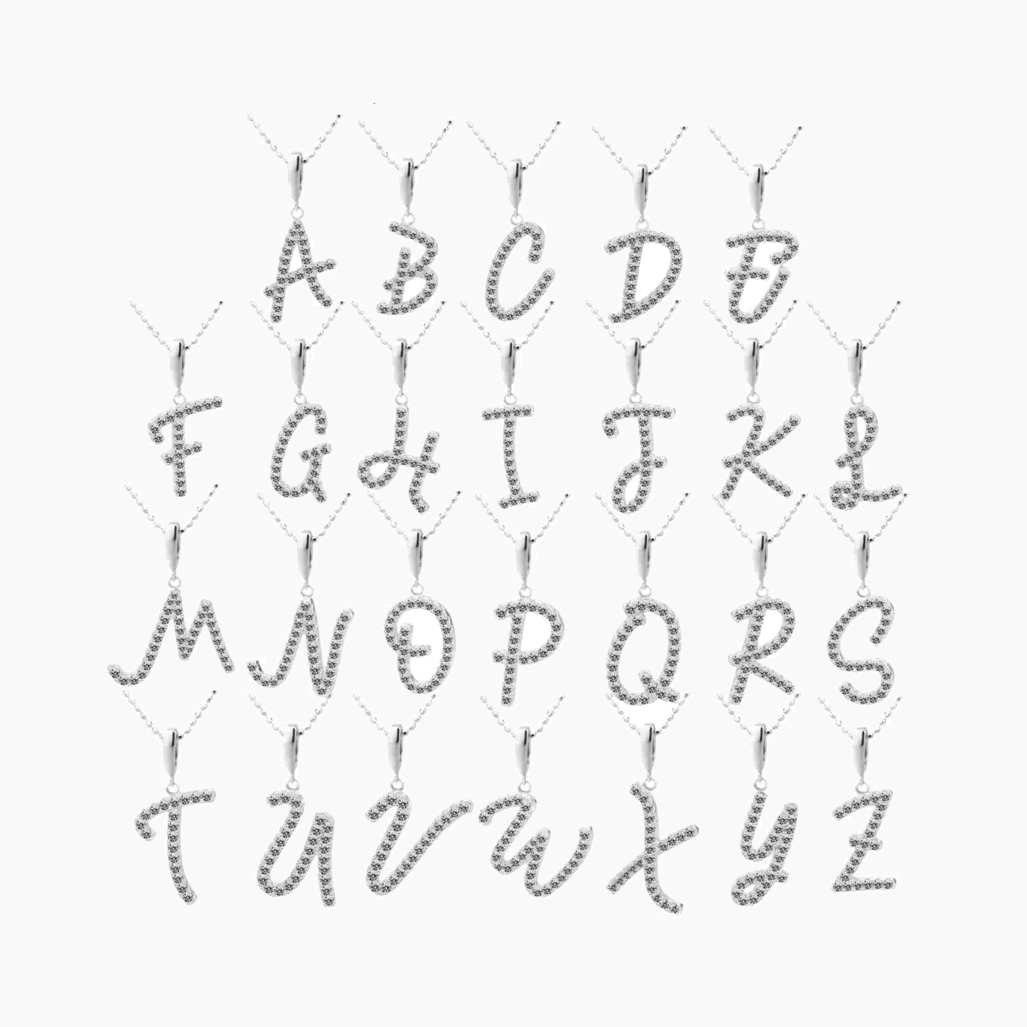 Moissanite abstract initial necklace in white gold vermeil, alphabet pendant options.