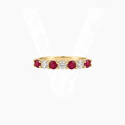 Moissanite and lab-grown ruby half eternity ring in yellow gold vermeil, front view.