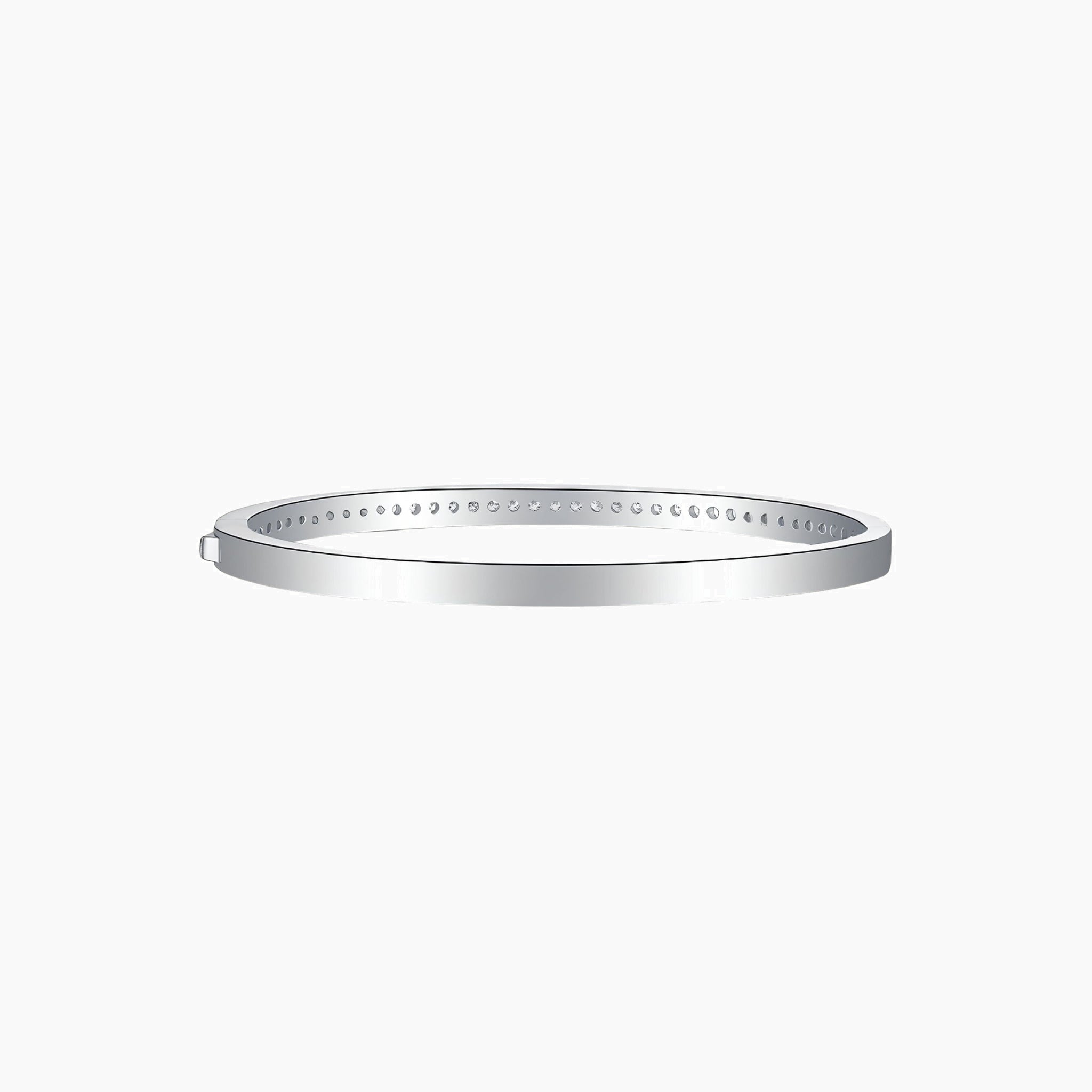 Moissanite bangle bracelet in white gold vermeil, back view.