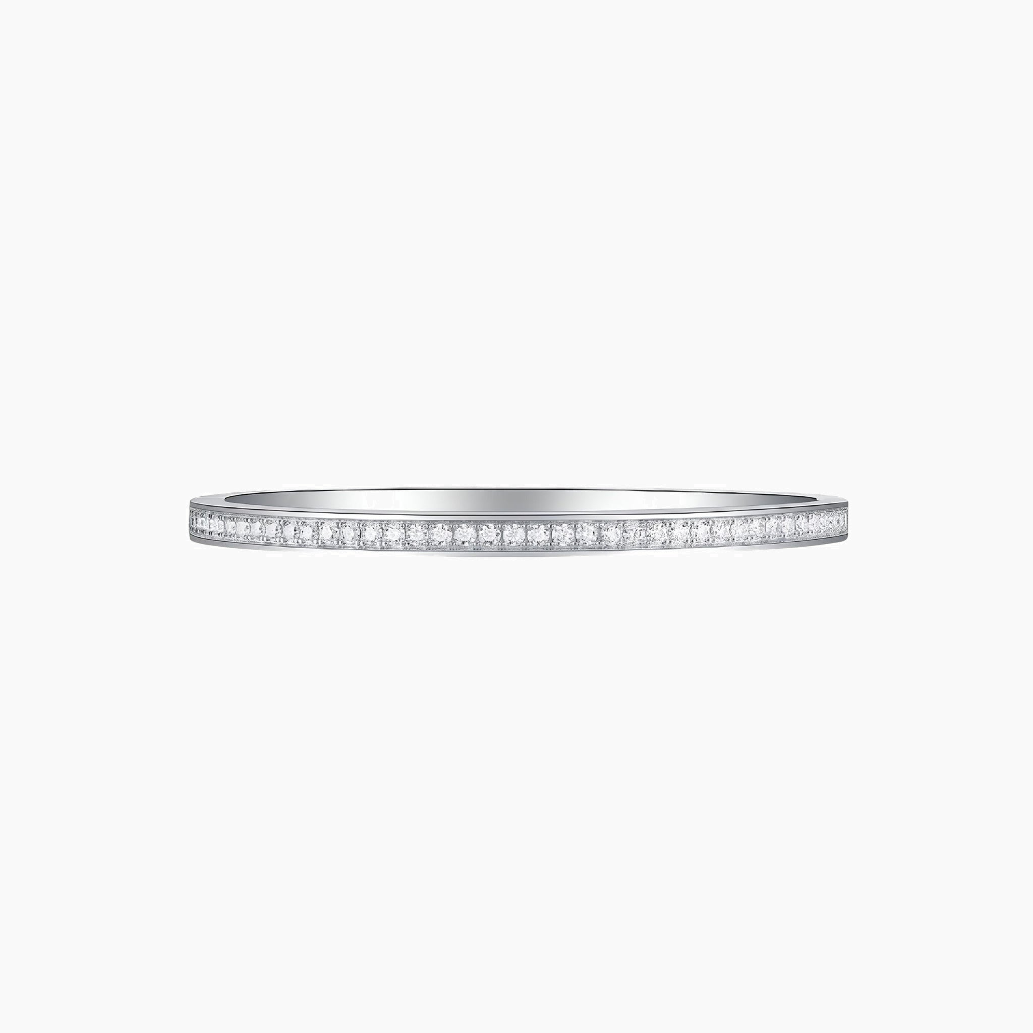 Moissanite bangle bracelet in white gold vermeil, front view.