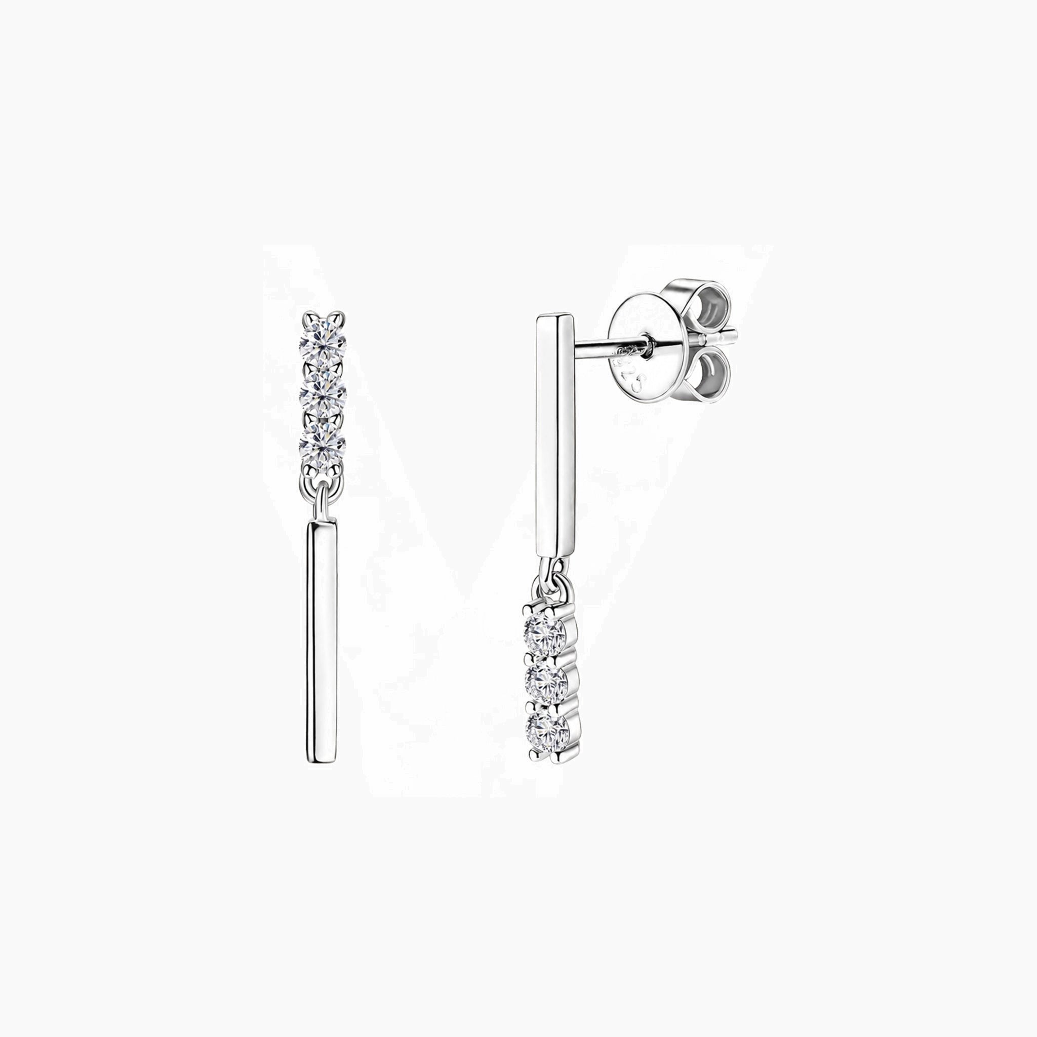 Moissanite bar drop earrings in white gold vermeil, front and side views.