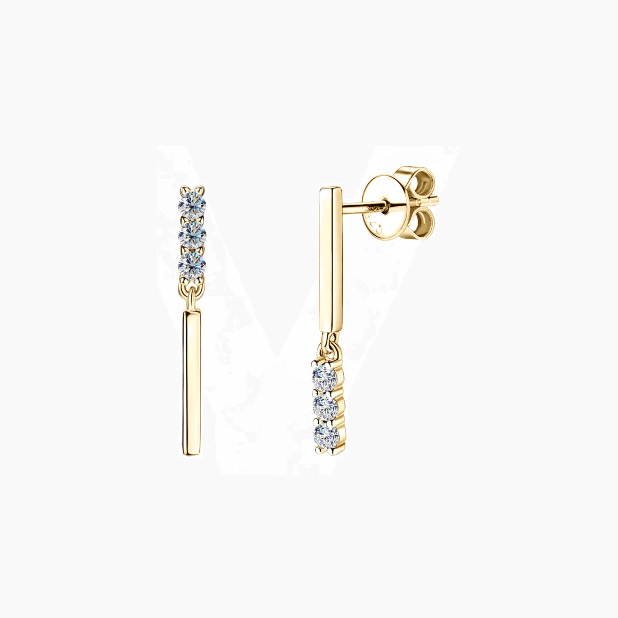 Moissanite bar drop earrings in yellow gold vermeil, front and side views.