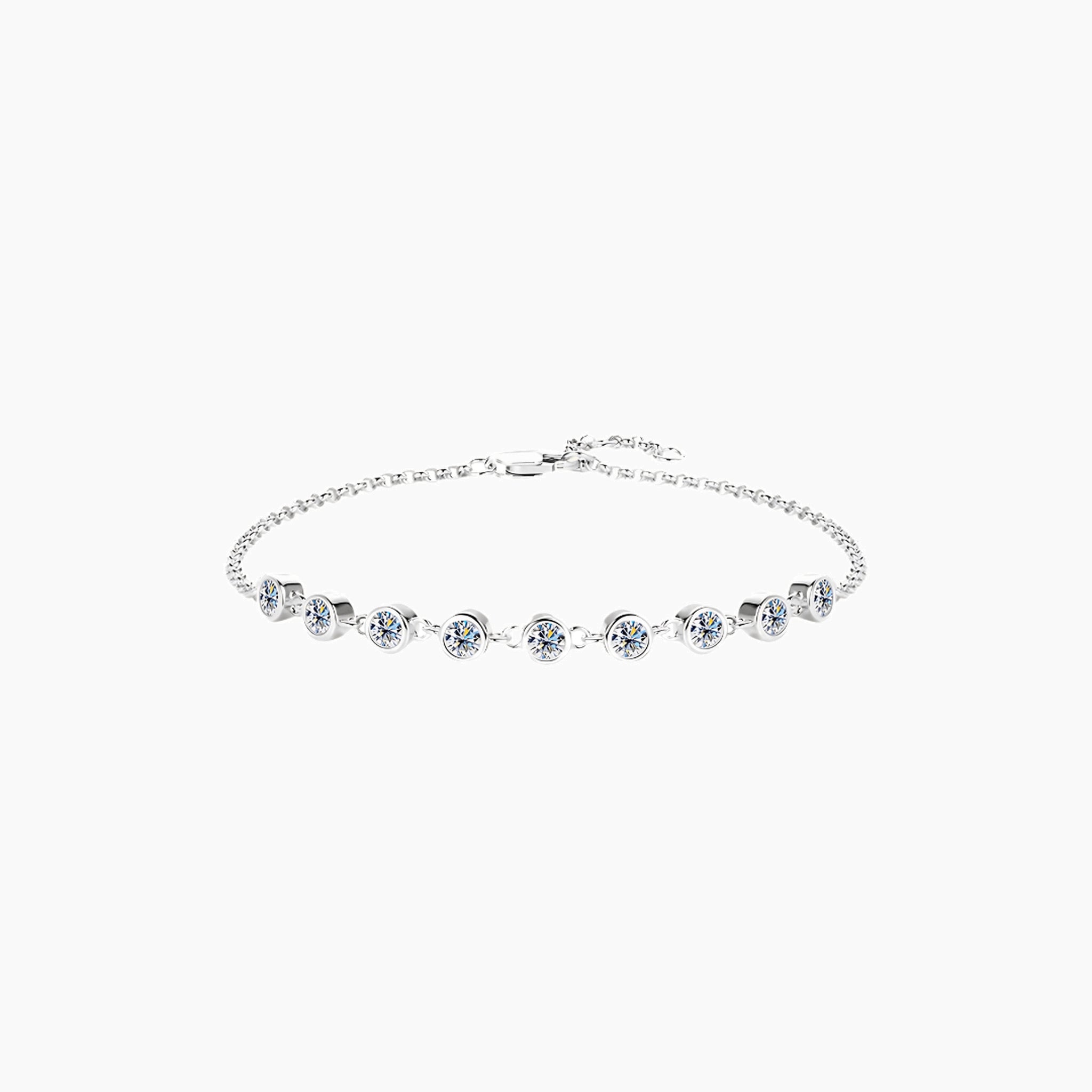 Moissanite bezel half tennis bracelet in white gold vermeil, full product view.