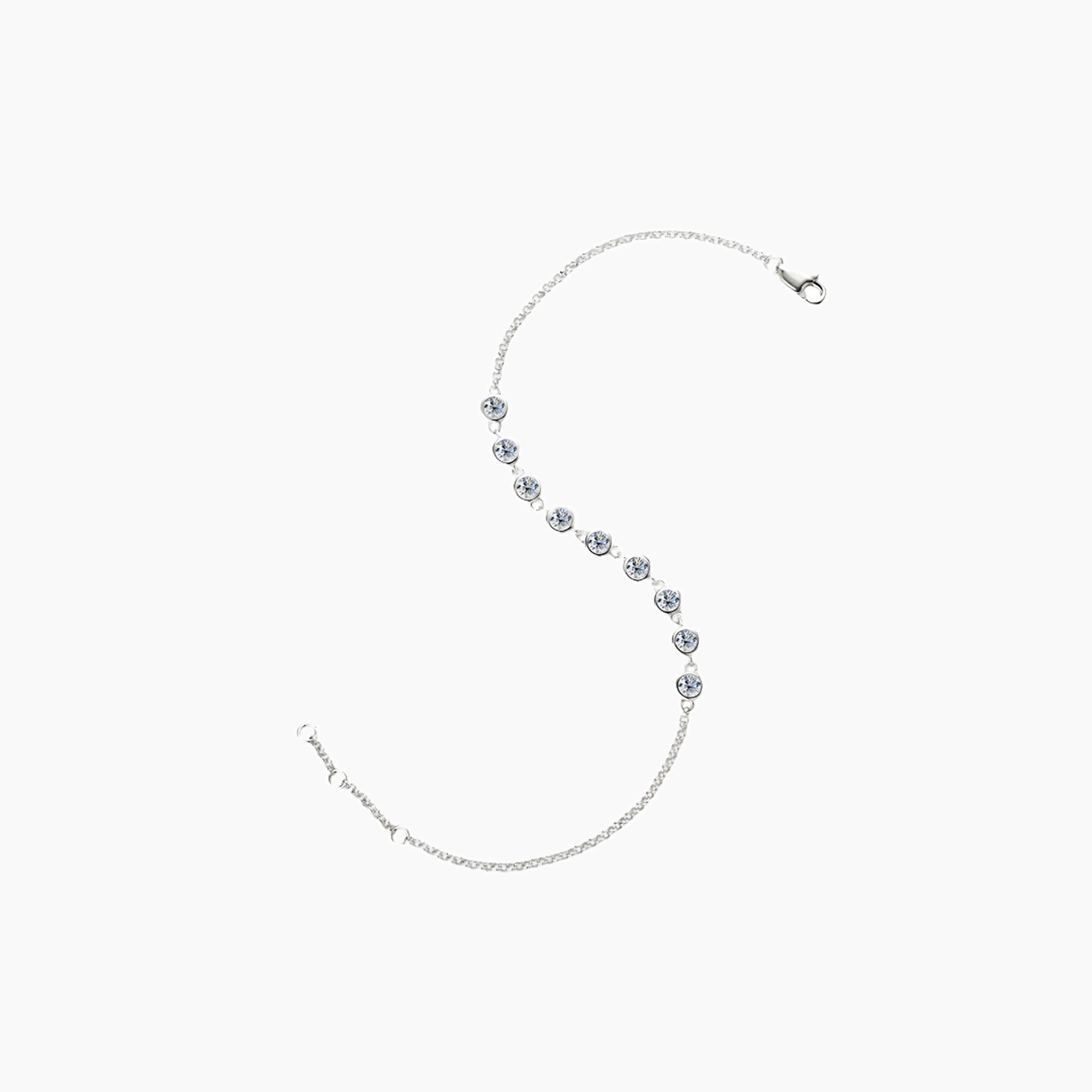 Moissanite bezel half tennis bracelet in white gold vermeil, open view showing the closure.