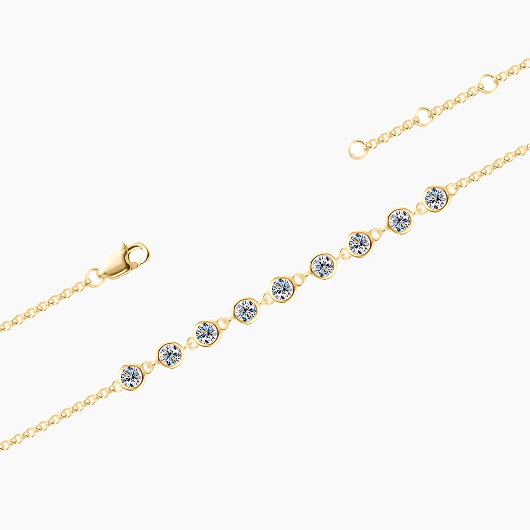Moissanite bezel half tennis bracelet in yellow gold vermeil, clasp detail.
