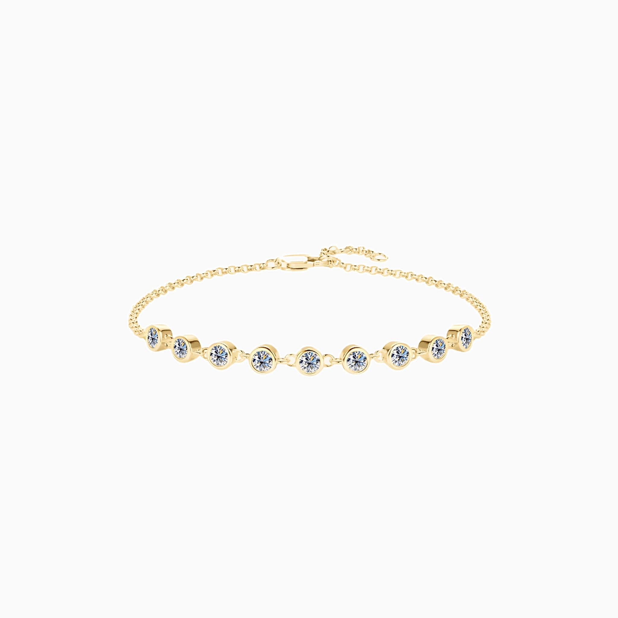 Moissanite bezel half tennis bracelet in yellow gold vermeil, full product view.