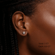 Moissanite bezel stud earrings worn on the ear, 1 ct per pair with 0.5 ct per stone.