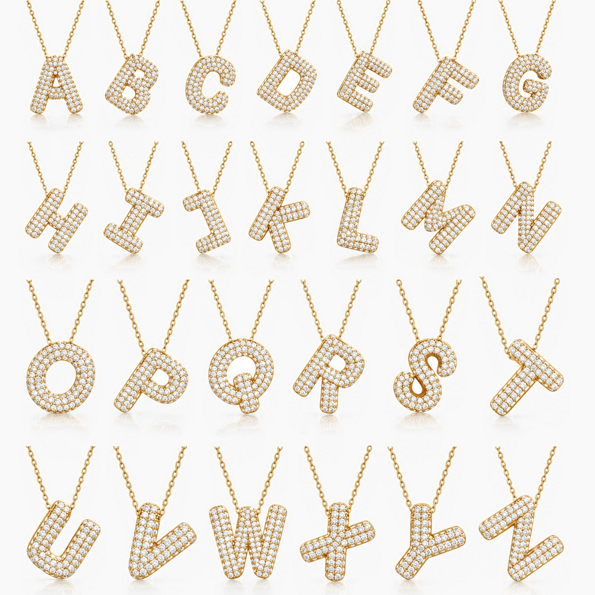 Moissanite bubble initial necklace in yellow gold vermeil, alphabet pendant options.