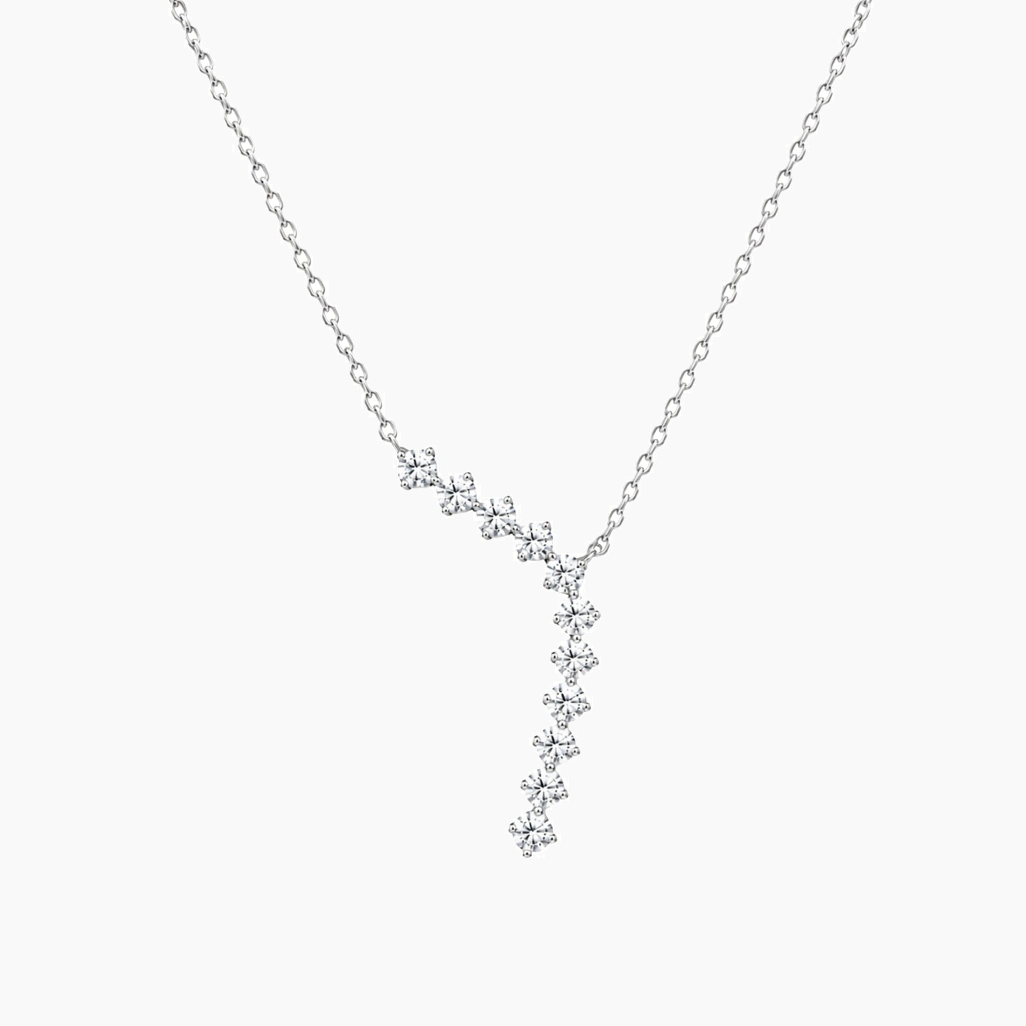 Moissanite cascade pendant necklace in white gold vermeil, full product view.