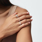 Moissanite celestial dome ring worn on a finger.