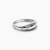 Moissanite celestial dome ring in white gold vermeil, angled view.