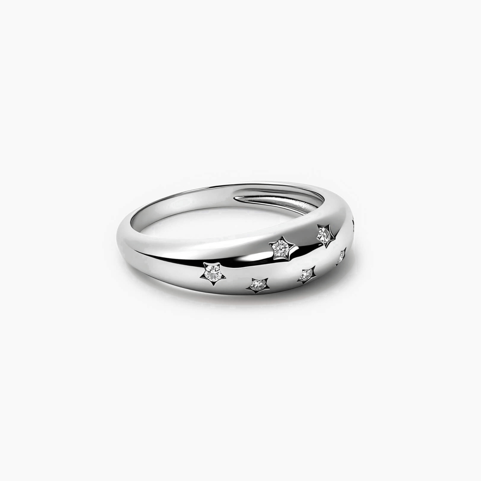 Moissanite celestial dome ring in white gold vermeil, angled view.