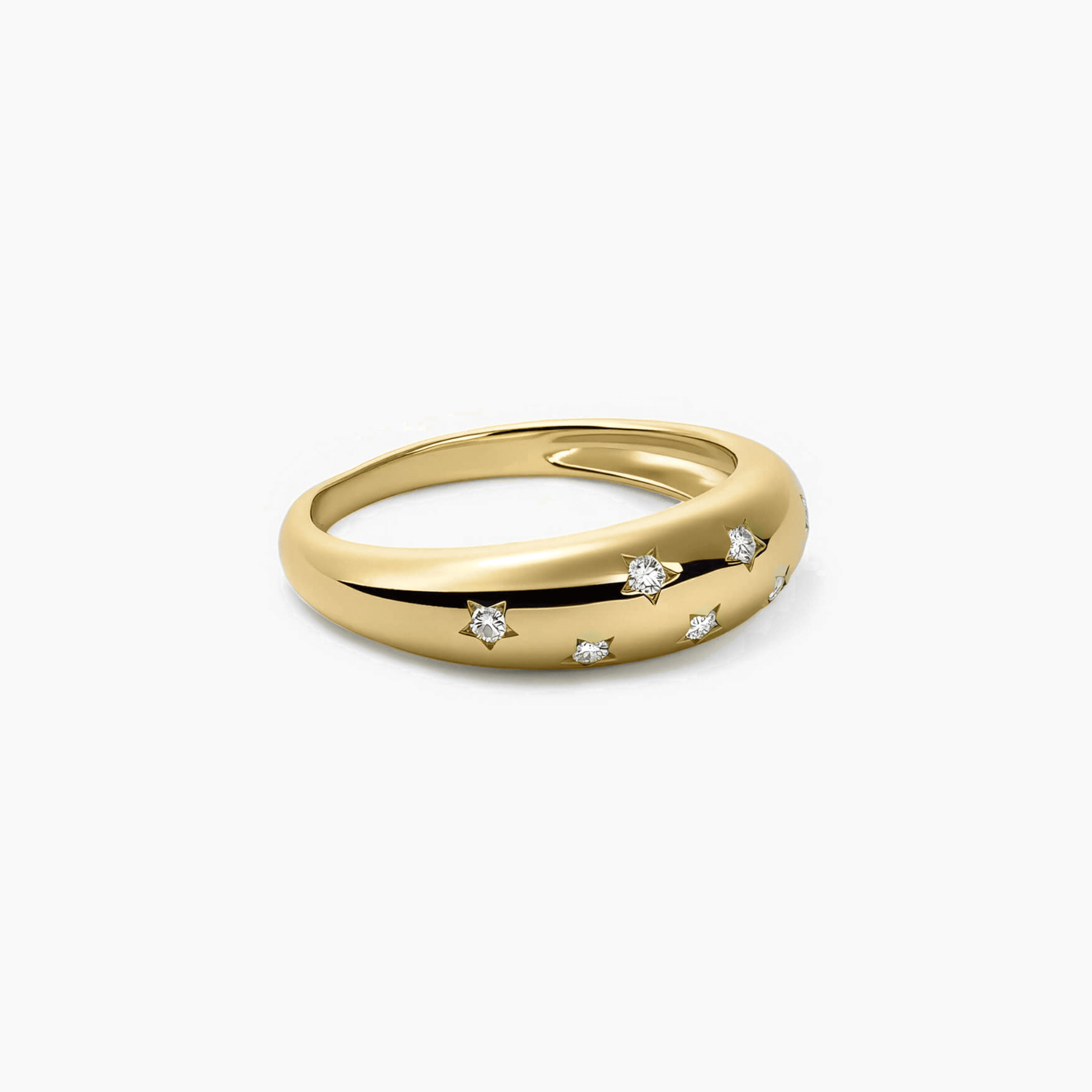 Moissanite celestial dome ring in yellow gold vermeil, angled view.