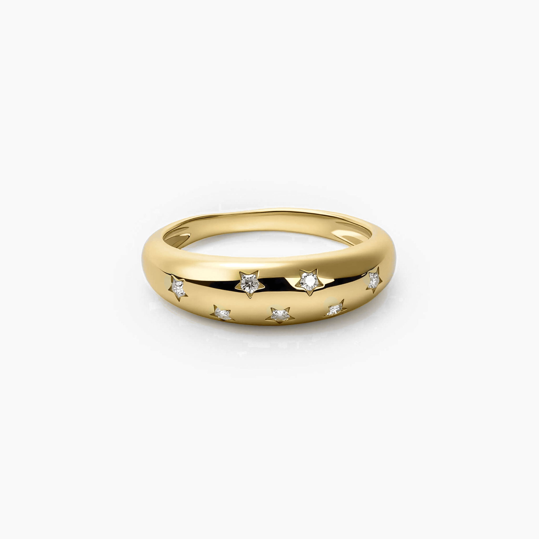 Moissanite celestial dome ring in yellow gold vermeil, front view.