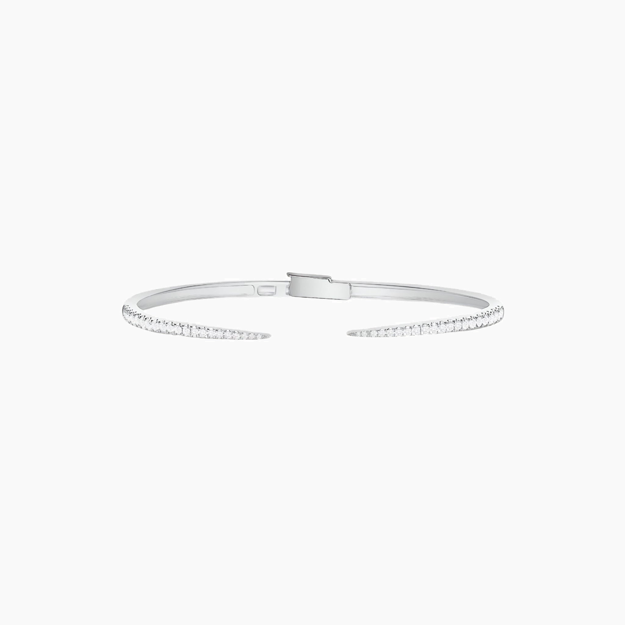 Moissanite claw cuff bracelet in white gold vermeil, full product view.