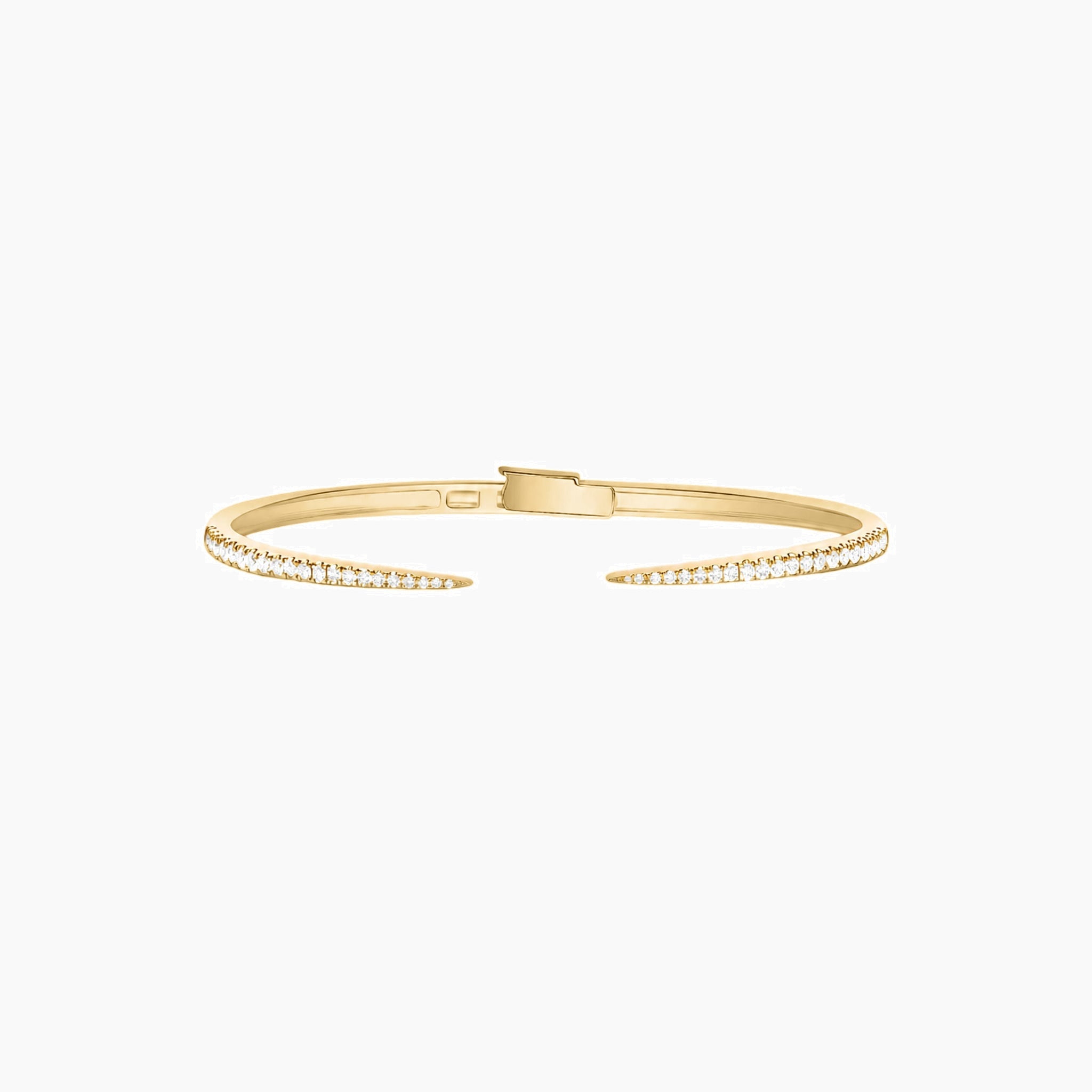 Moissanite claw cuff bracelet in yellow gold vermeil, full product view.