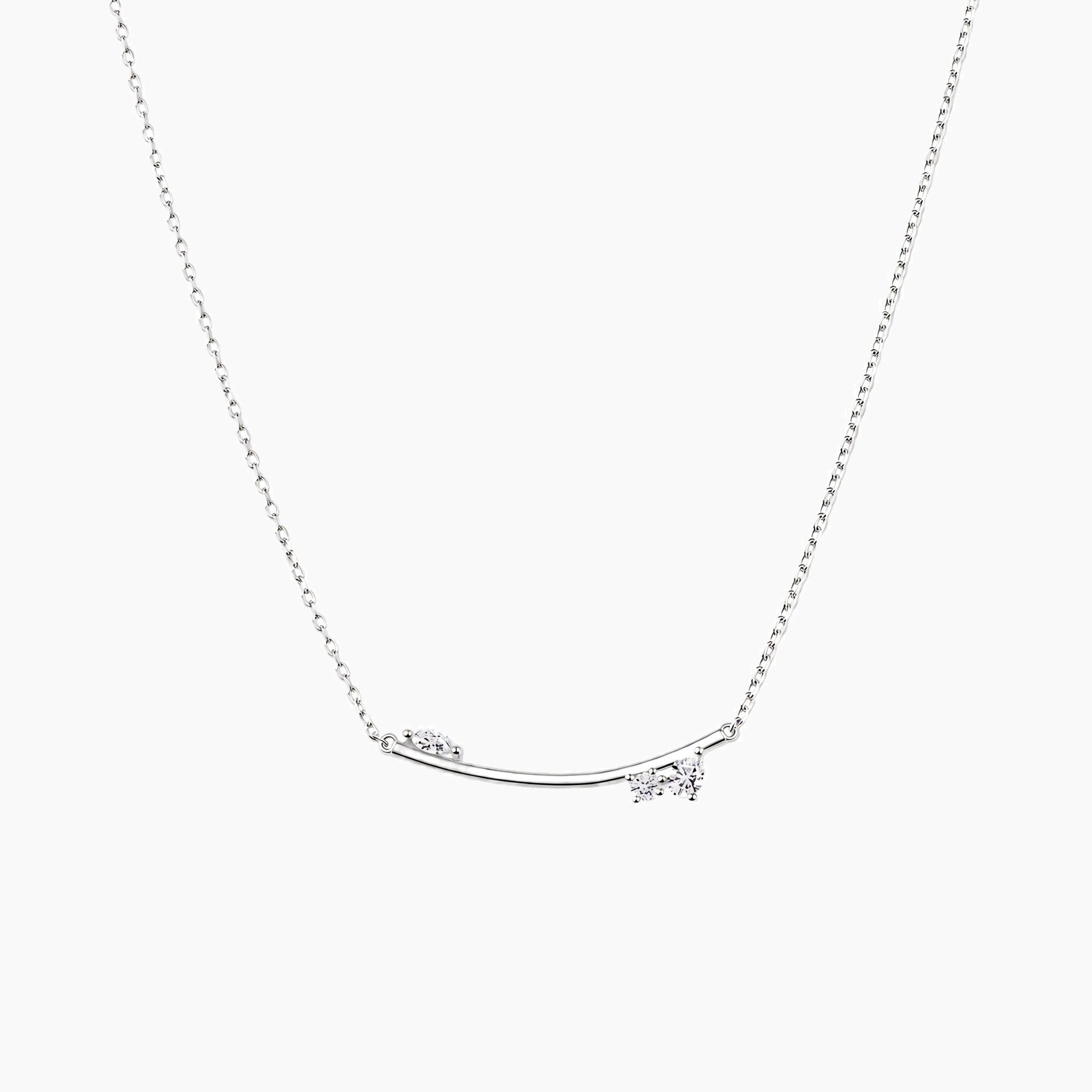 Moissanite cluster bar necklace in white gold vermeil, front view.