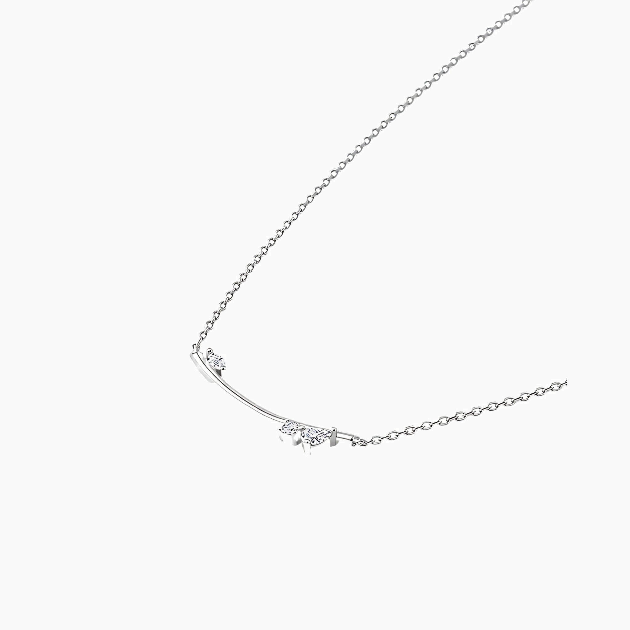 Moissanite cluster bar necklace in white gold vermeil, side view.