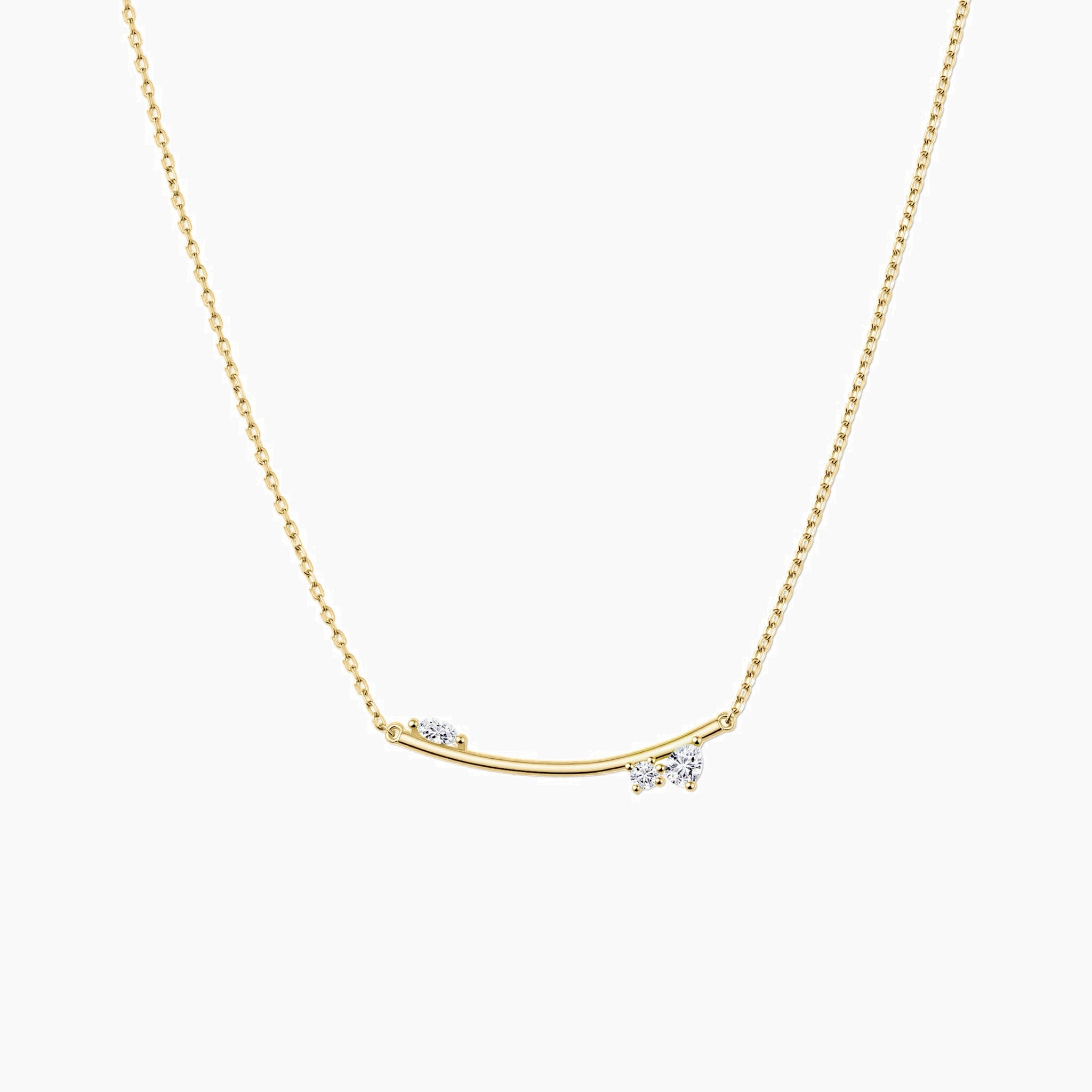 Moissanite cluster bar necklace in yellow gold vermeil, front view.