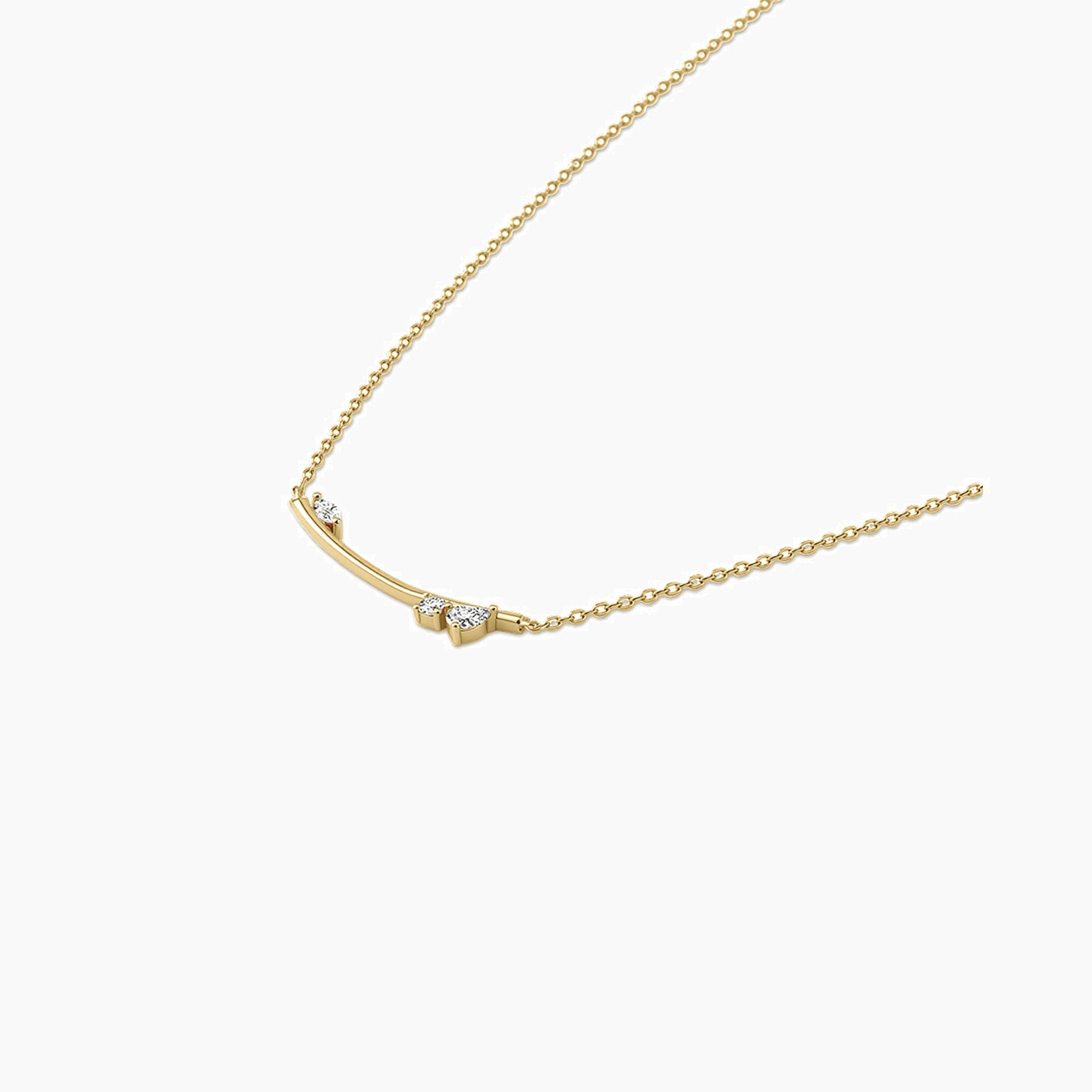 Moissanite cluster bar necklace in yellow gold vermeil, side view.