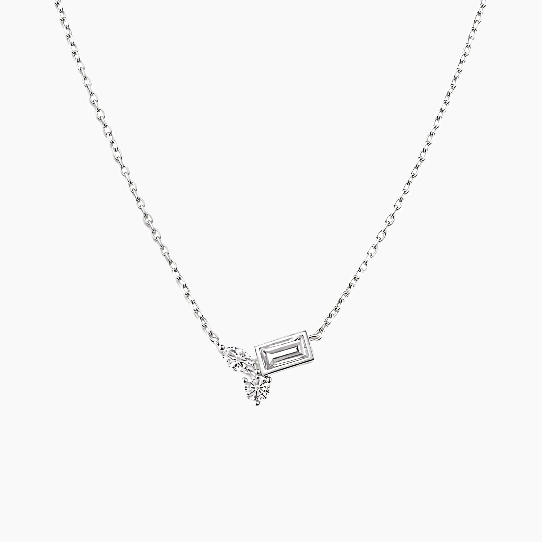 Moissanite cluster necklace in white gold vermeil, front view.
