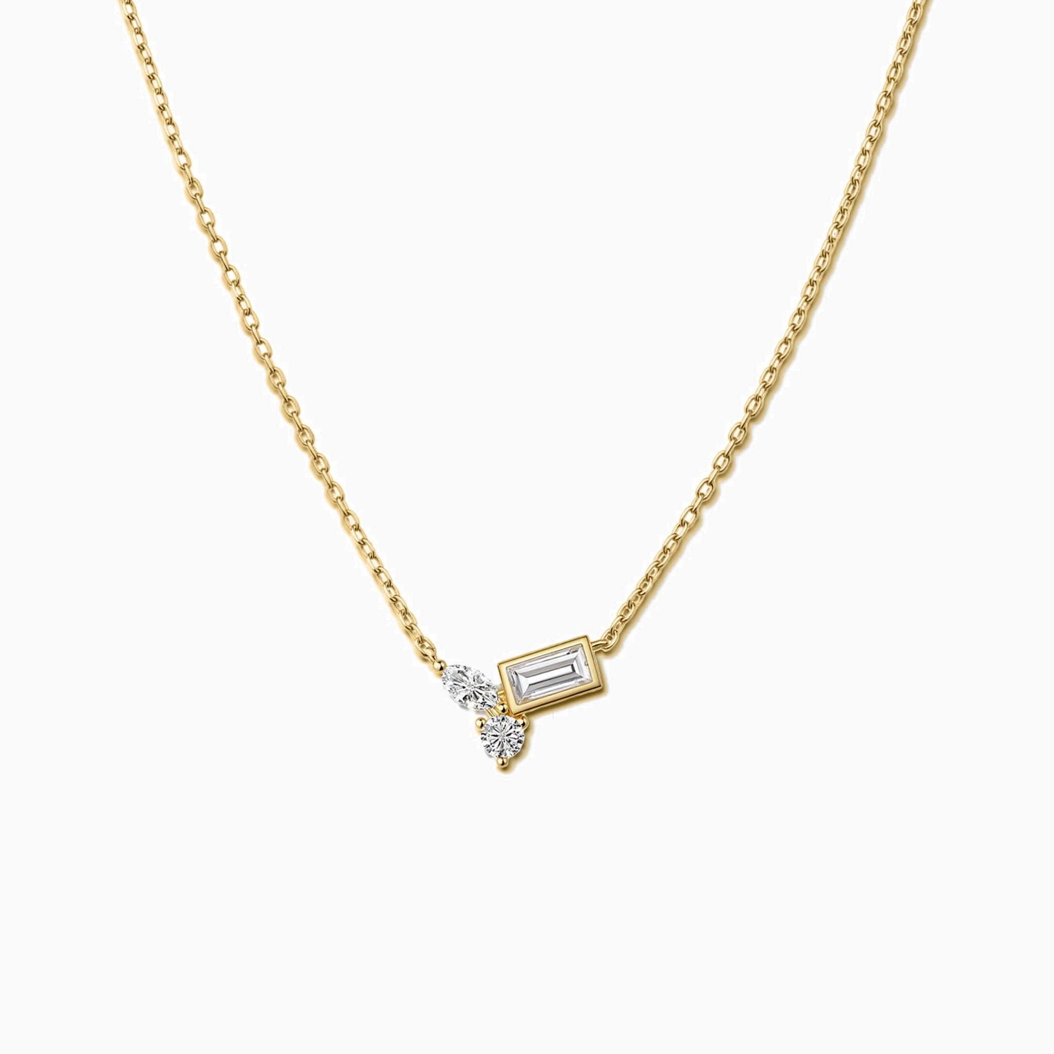 Moissanite cluster necklace in yellow gold vermeil, front view.