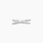 Moissanite crisscross ring in white gold vermeil, front view.