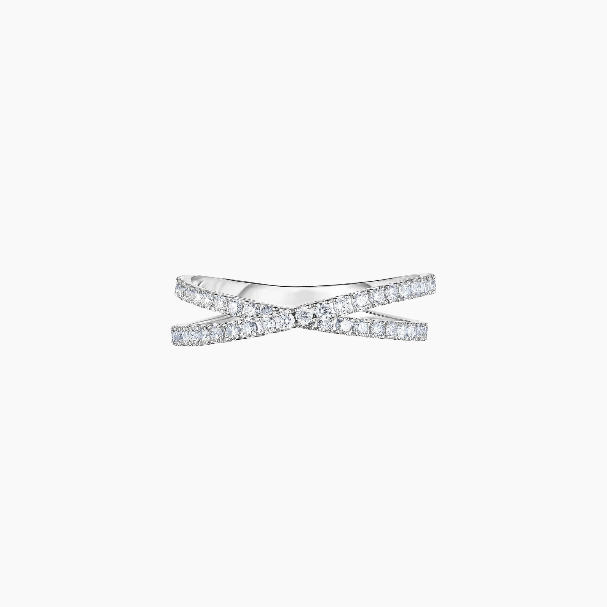 Moissanite crisscross ring in white gold vermeil, front view.